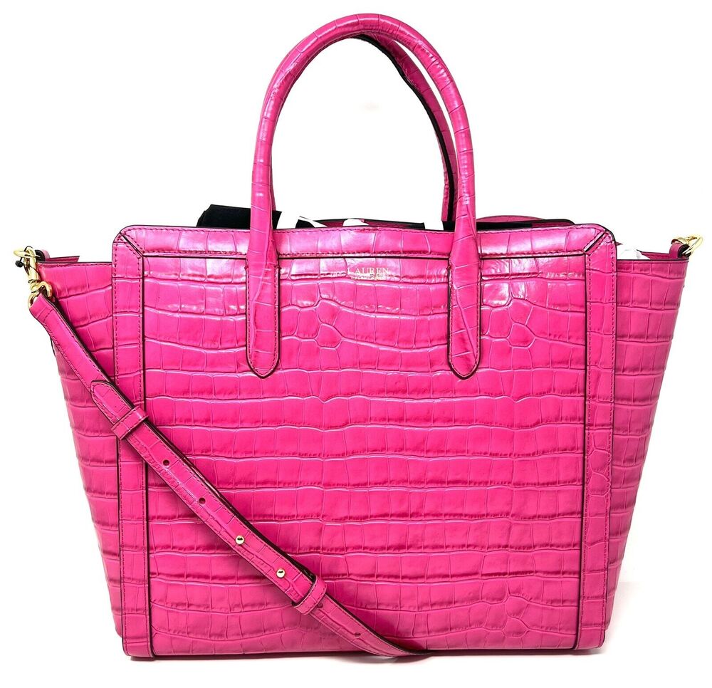 Ralph Lauren Croco Embossed Leather Large Tyler Tote Bright Hot Pink Structured